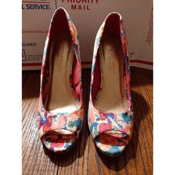 Good Used Condition 7.5 Floral Color Splash Christian Siriano Peep Toe 4" Heels - Picture 2 of 7